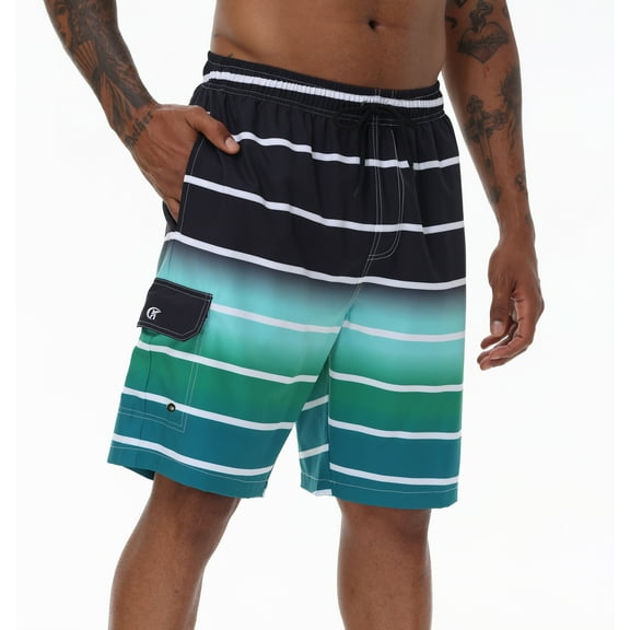 Tyhengta Men's Quick Dry Swim Trunks Mesh Lining Beach Board Shorts with Pockets White Stripe Black Gradient Green M