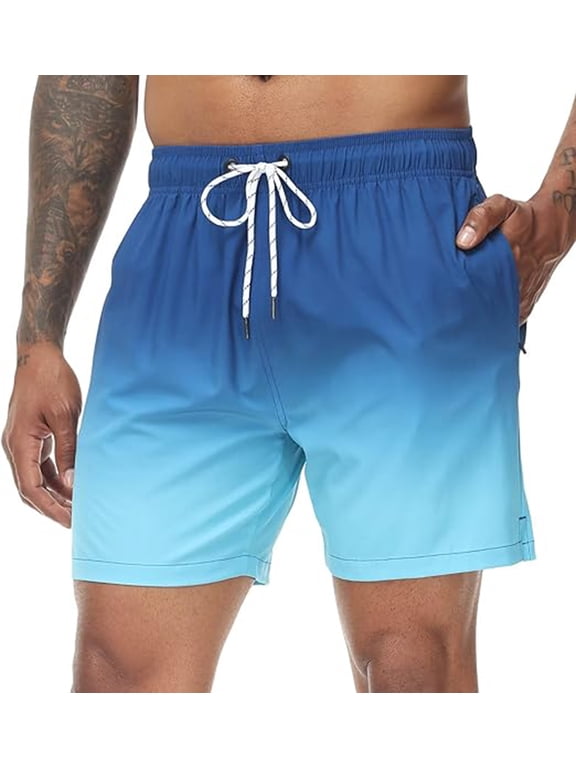 Men's Swim Trunks Gradient Color Quick Dry Beach Shorts with Zipper Pockets and Mesh Lining Blue 32