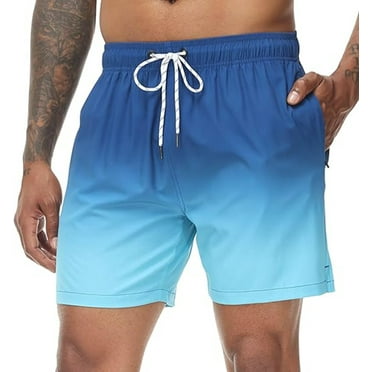 Tyhengta Men's Swim Trunks Gradient Color Quick Dry Beach Shorts with Zipper Pockets and Mesh Lining Blue 34