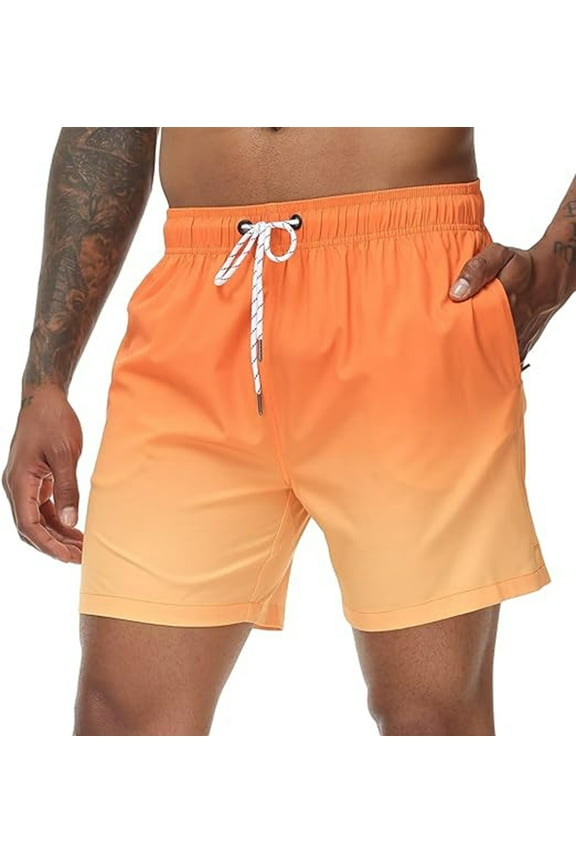 Men's Swim Trunks Gradient Color Quick Dry Beach Shorts with Zipper Pockets and Mesh Lining Orange 34