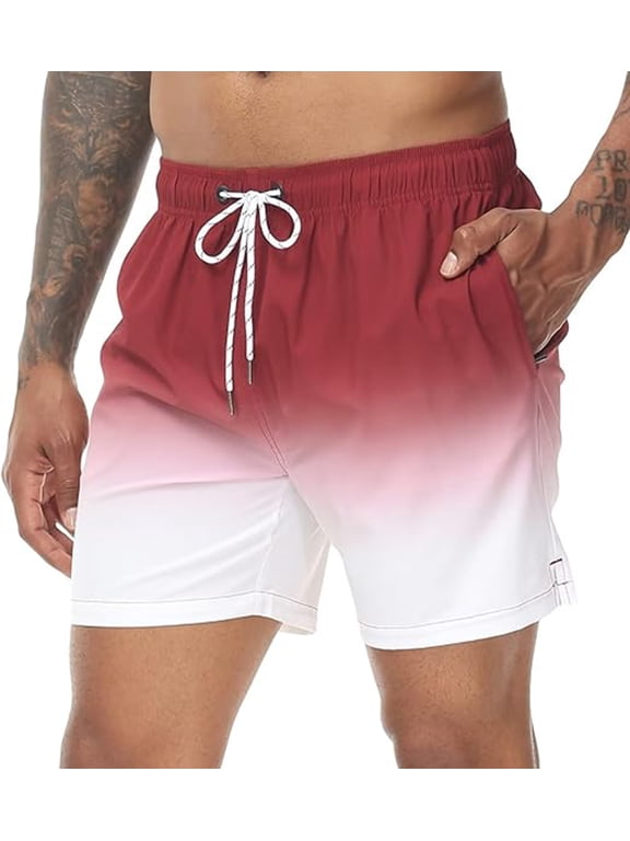 Men's Swim Trunks Gradient Color Quick Dry Beach Shorts with Zipper Pockets and Mesh Lining Red 32