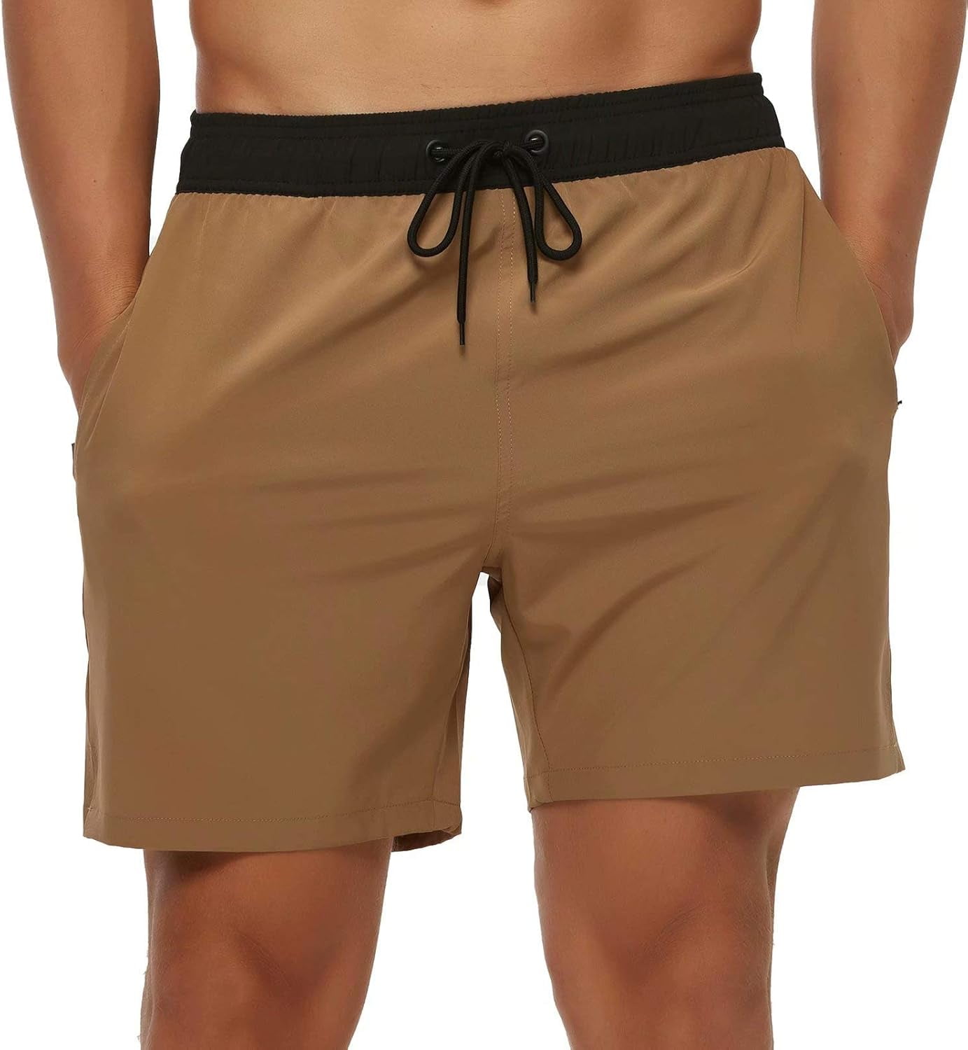 Tyhengta Men's Swim Trunks Quick Dry Beach Shorts with Zipper Pockets and Mesh Lining Black Khaki 36