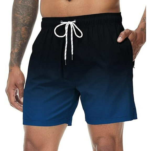 Tyhengta Men's Swim Trunks Swimwear Gradient Color Quick Dry Beach Shorts with Zipper Pockets and Mesh Lining