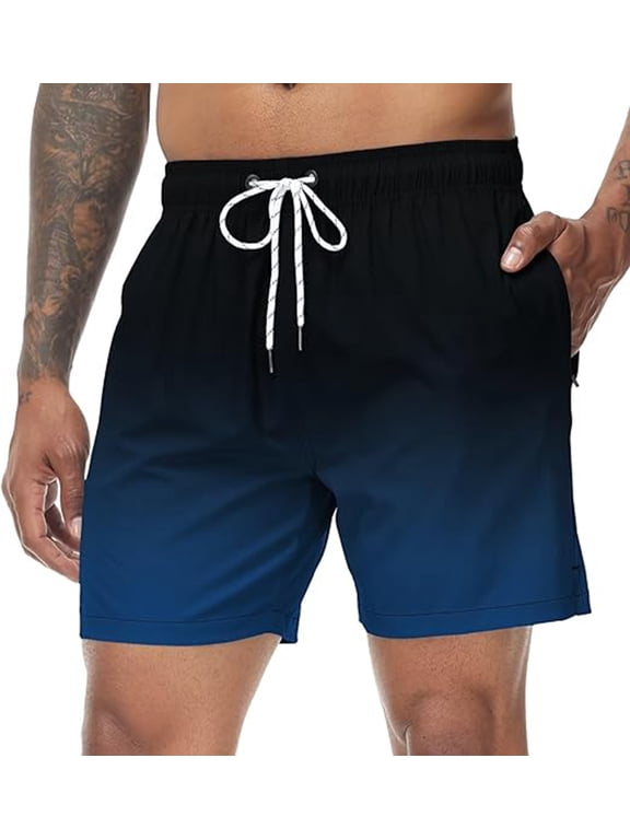 Men's Swim Trunks Swimwear Gradient Color Quick Dry Beach Shorts with Zipper Pockets and Mesh Lining