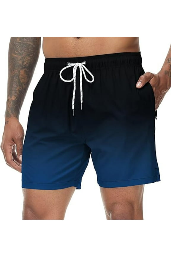 Men's Swim Trunks Swimwear Gradient Color Quick Dry Beach Shorts with Zipper Pockets and Mesh Lining