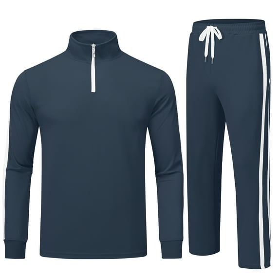 Tyhengta Men's Tracksuits Athletic 2 Piece Set 1/4 Zipper Casual Jogging Suit Gym Sportswear Navy Blue XL