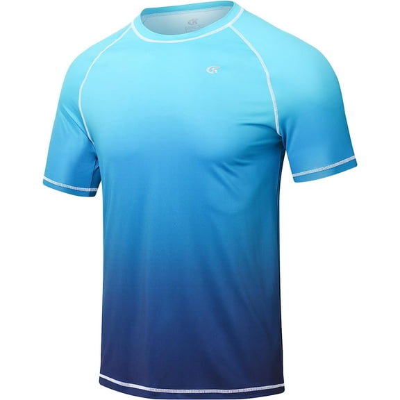 Tyhengta Men's UPF 50  Rashguard Swim Tee Short Sleeve Running Shirt Swimwear Swim Hiking Workout Shirts BlueGradient L