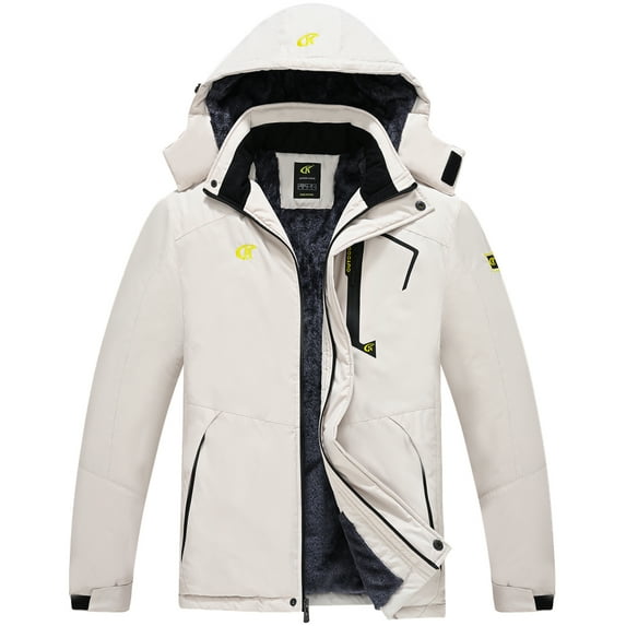 Tyhengta Men's Waterproof Ski Jacket Warm Winter Snow Coat Mountain Windbreaker Hooded Raincoat Beige L