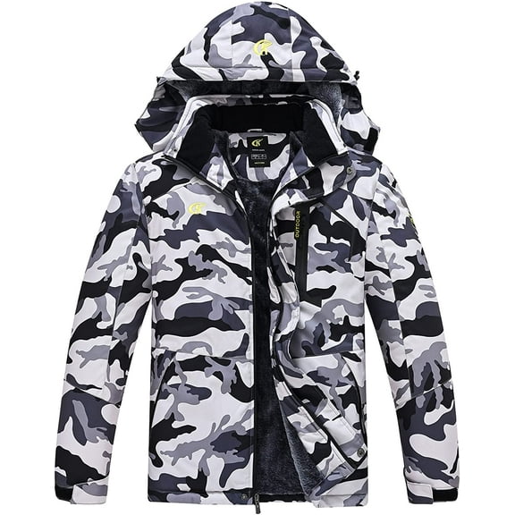 Tyhengta Men's Waterproof Ski Jacket Warm Winter Snow Coat Mountain Windbreaker Hooded Raincoat Camo1 Gray/White L