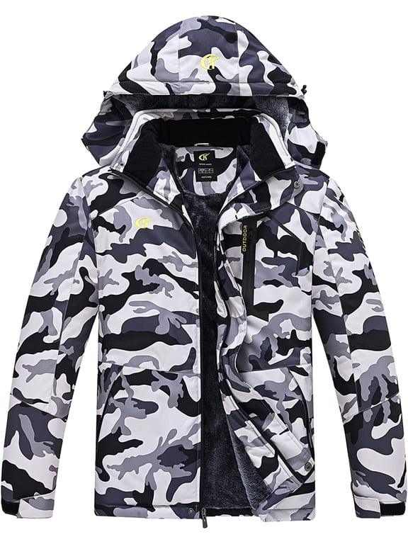 Men's Waterproof Ski Jacket Warm Winter Snow Coat Mountain Windbreaker Hooded Raincoat Camo1 Gray/White M