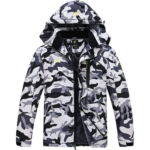Tyhengta Men's Waterproof Ski Jacket Warm Winter Snow Coat Mountain Windbreaker Hooded Raincoat Camo1 Gray/White S
