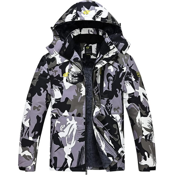 Tyhengta Men's Waterproof Ski Jacket Warm Winter Snow Coat Mountain Windbreaker Hooded Raincoat Camo2 Army/Gray XXXL
