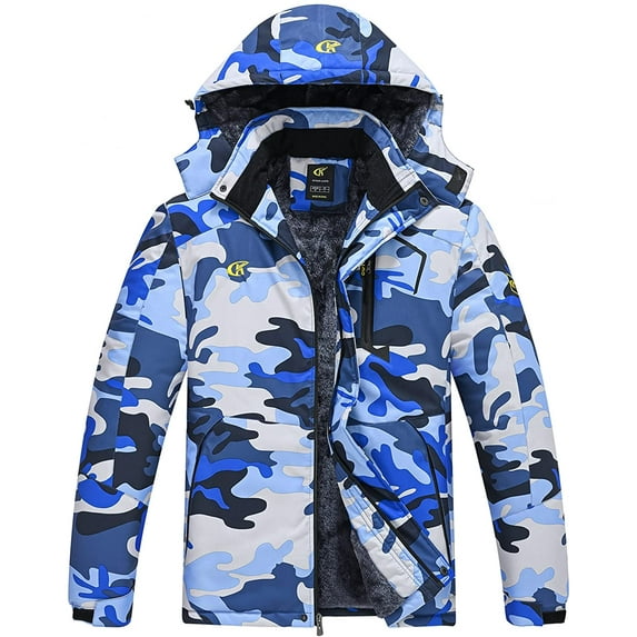 Tyhengta Men's Waterproof Ski Jacket Warm Winter Snow Coat Mountain Windbreaker Hooded Raincoat Camo4 Gray/Blue M
