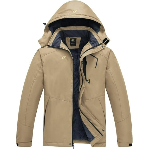 Tyhengta Men's Waterproof Ski Jacket Warm Winter Snow Coat Mountain Windbreaker Hooded Raincoat Khaki M