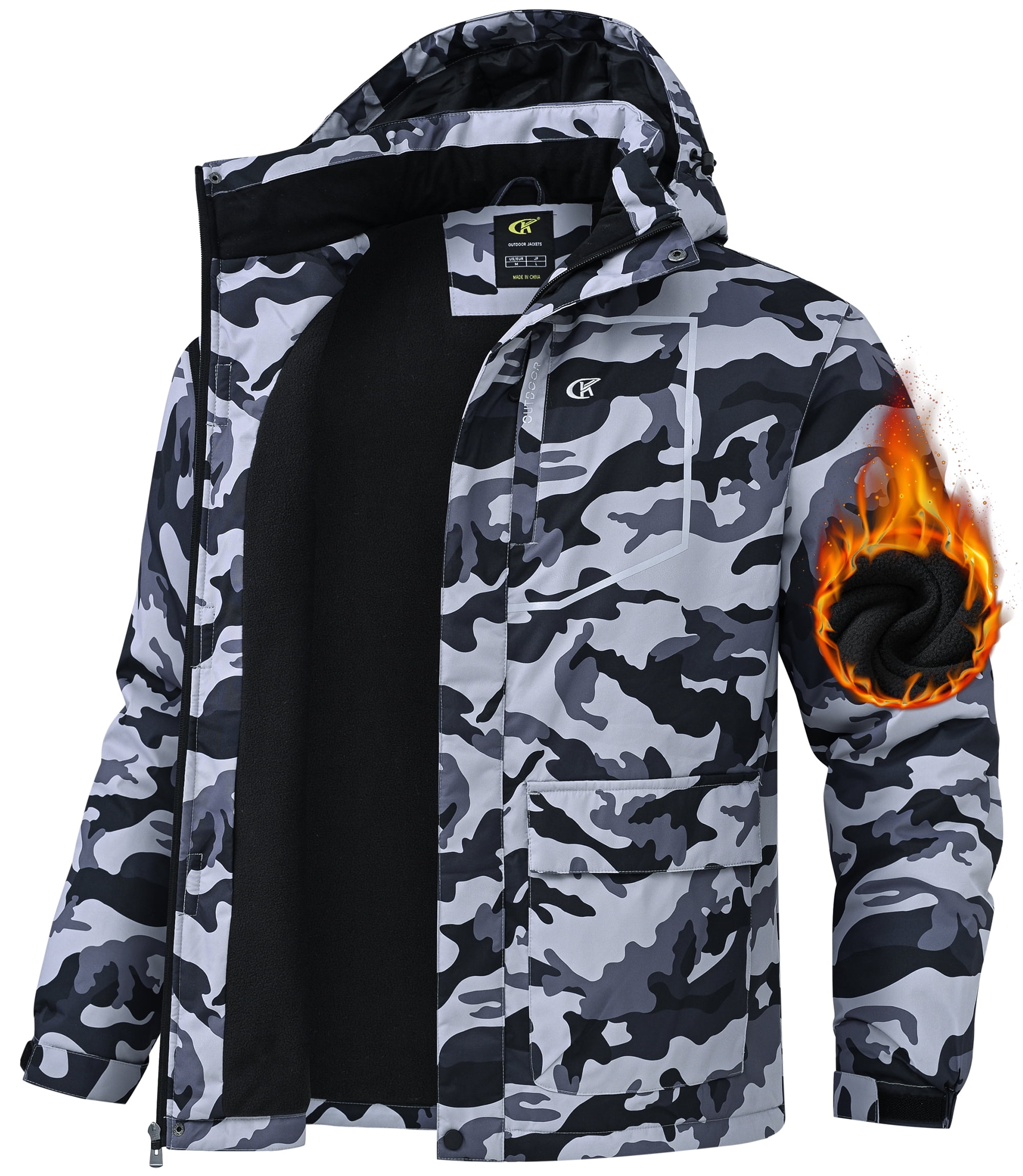 Tyhengta Men's Waterproof Ski Jackets Winter Coats Snow Jacket Adjustable Fleece Windbreaker Windproof Outdoor RainJackets Camouflage grey M