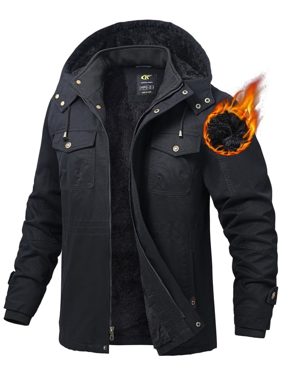 Men's Winter Jacket Cotton Jackets Fleece Lined Thick Work Warm Cargo Coats with Hooded Black M