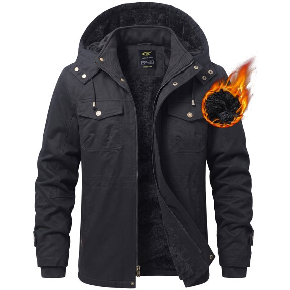 Tyhengta Men's Winter Jacket Cotton Jackets Fleece Lined Thick Work Warm Cargo Coats with Hooded Black XL