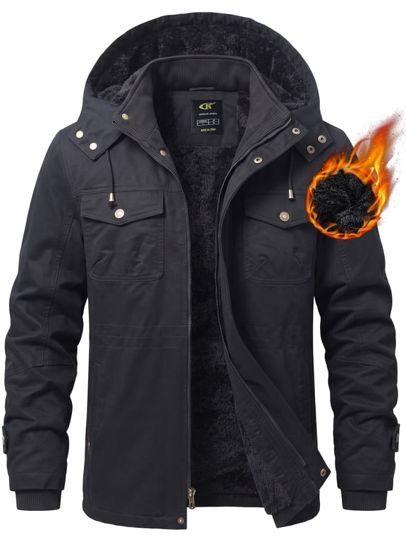 Men's Winter Jacket Cotton Jackets Fleece Lined Thick Work Warm Cargo Coats with Hooded Black XL