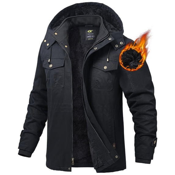 Tyhengta Men's Winter Jacket Cotton Jackets Fleece Lined Thick Work Warm Cargo Coats with Hooded Black XL