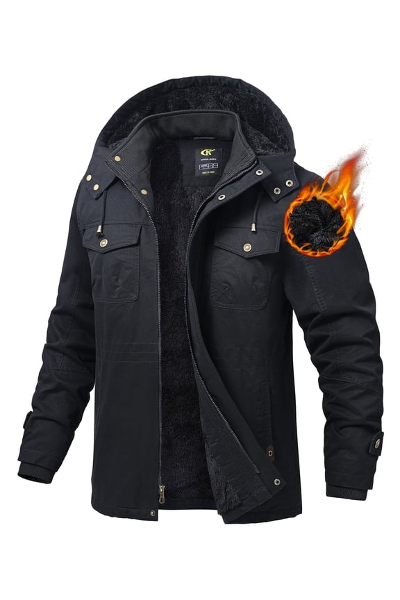 Men's Winter Jacket Cotton Jackets Fleece Lined Thick Work Warm Cargo Coats with Hooded Black XL