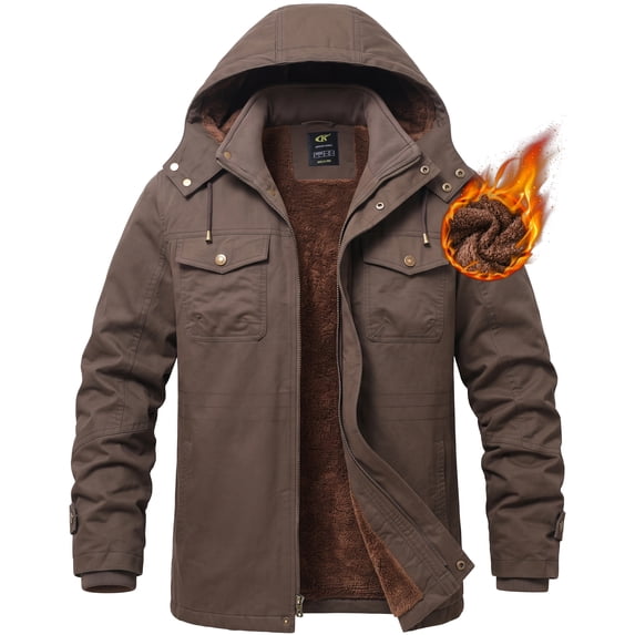 Tyhengta Men's Winter Jacket Cotton Jackets Fleece Lined Thick Work Warm Cargo Coats with Hooded Coffee 2XL