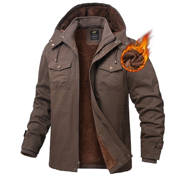 Tyhengta Men's Winter Jacket Cotton Jackets Fleece Lined Thick Work Warm Cargo Coats with Hooded Coffee 2XL