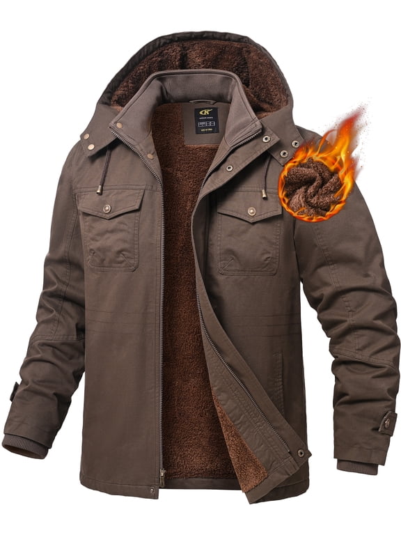 Men's Winter Jacket Cotton Jackets Fleece Lined Thick Work Warm Cargo Coats with Hooded Coffee M