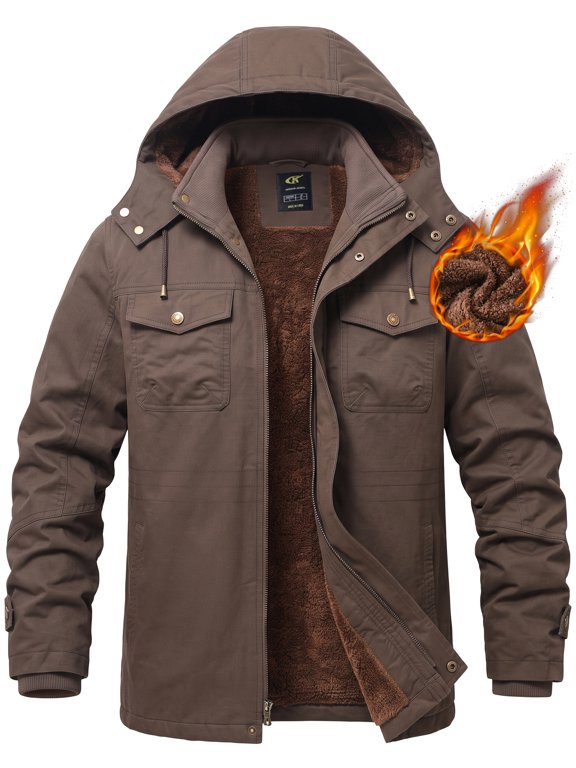 Men's Winter Jacket Cotton Jackets Fleece Lined Thick Work Warm Cargo Coats with Hooded Coffee XL