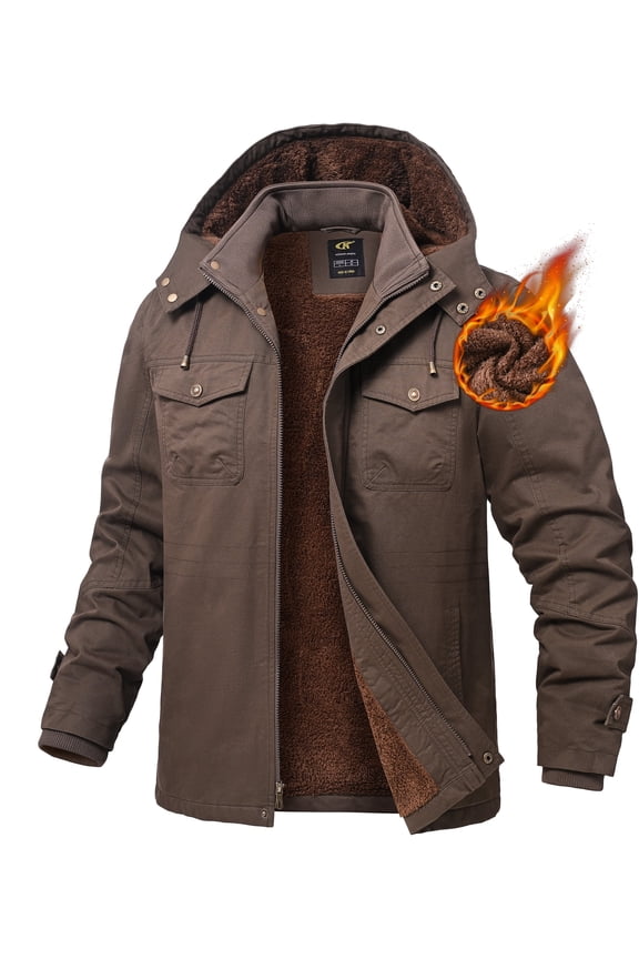 Men's Winter Jacket Cotton Jackets Fleece Lined Thick Work Warm Cargo Coats with Hooded Coffee XL