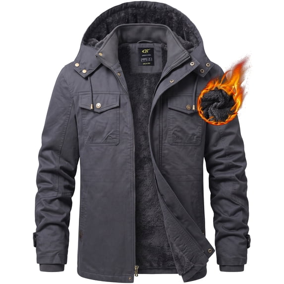 Tyhengta Men's Winter Jacket Cotton Jackets Fleece Lined Thick Work Warm Cargo Coats with Hooded Grey 2XL
