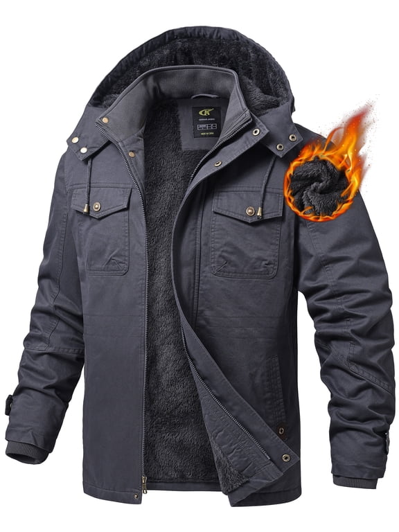 Men's Winter Jacket Cotton Jackets Fleece Lined Thick Work Warm Cargo Coats with Hooded Grey M