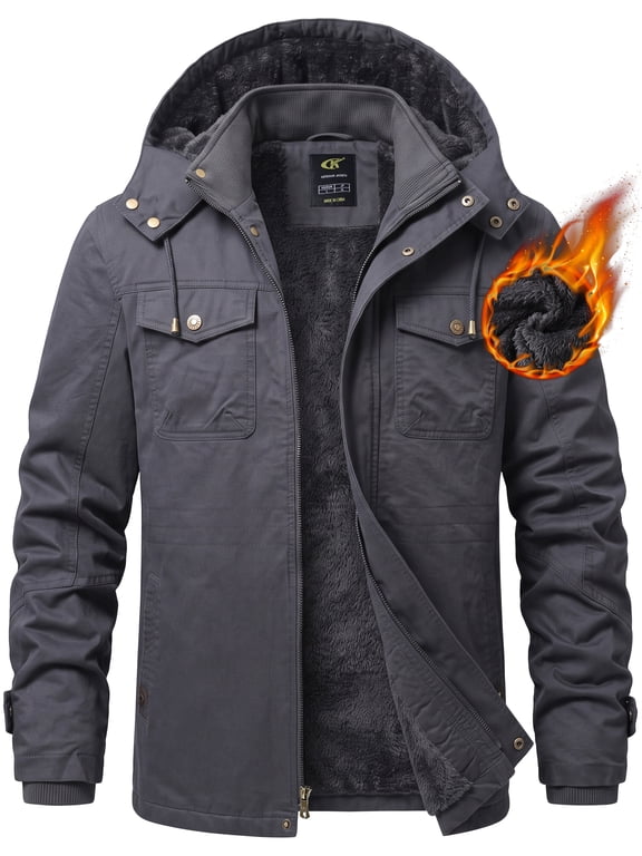 Men's Winter Jacket Cotton Jackets Fleece Lined Thick Work Warm Cargo Coats with Hooded Grey M