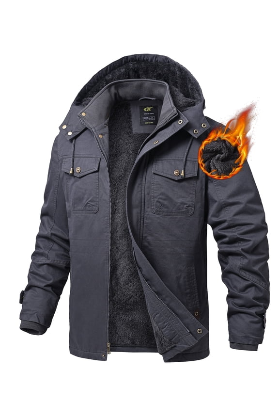 Men's Winter Jacket Cotton Jackets Fleece Lined Thick Work Warm Cargo Coats with Hooded Grey S