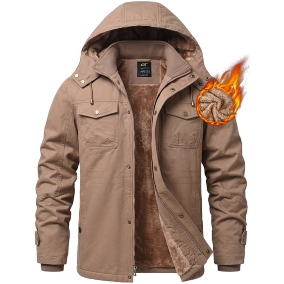 Tyhengta Men's Winter Jacket Cotton Jackets Fleece Lined Thick Work Warm Cargo Coats with Hooded Khaki 2XL