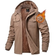 Men's Winter Jacket Cotton Jackets Fleece Lined Thick Work Warm Cargo Coats with Hooded Khaki M