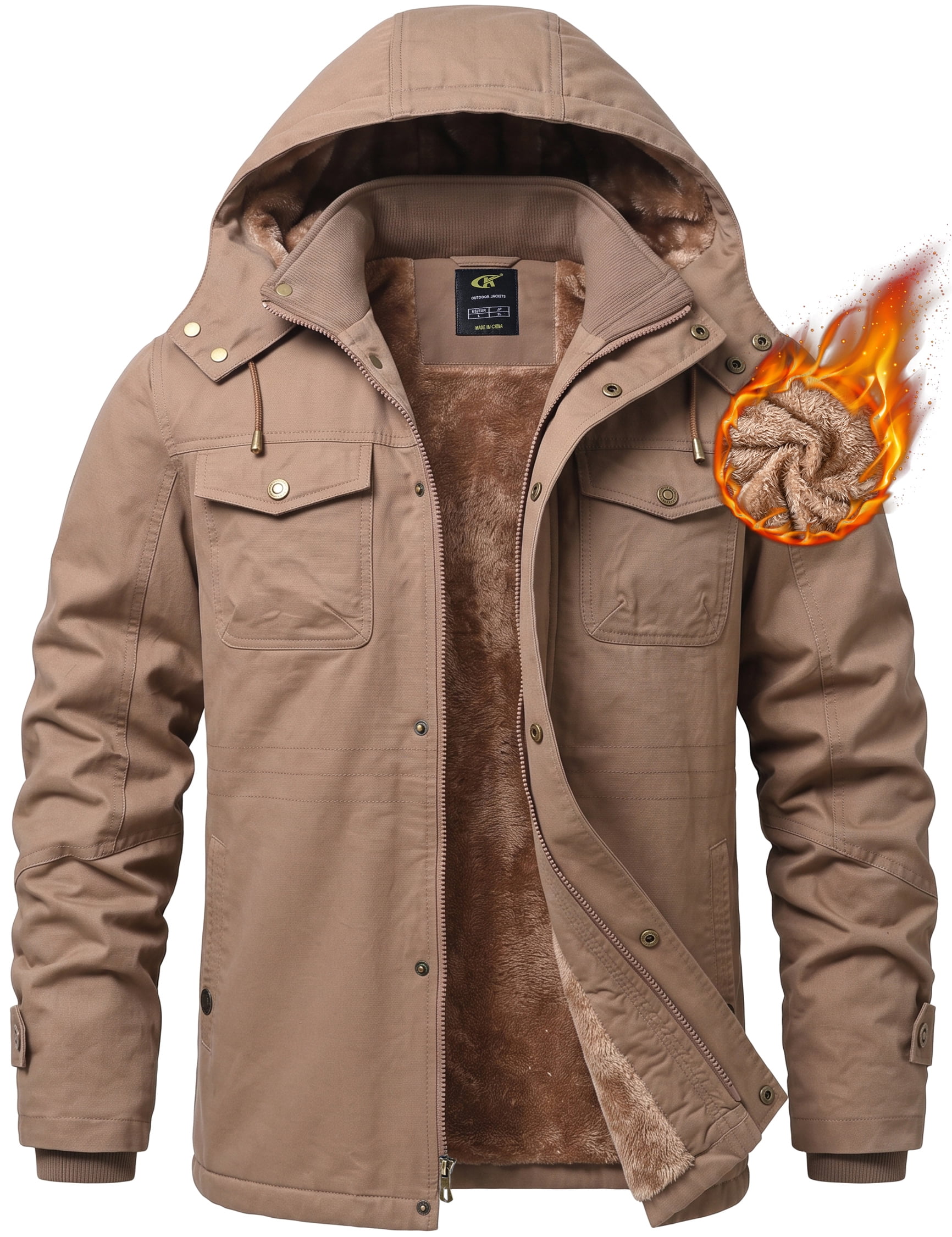 Tyhengta Men's Winter Jacket Cotton Jackets Fleece Lined Thick Work Warm Cargo Coats with Hooded Khaki S