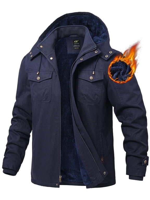 Men's Winter Jacket Cotton Jackets Fleece Lined Thick Work Warm Cargo Coats with Hooded Navy M
