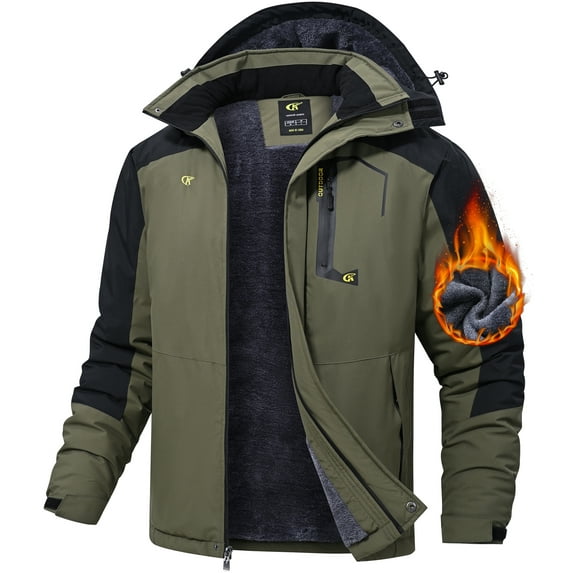 Tyhengta Men's Winter Skiing Jackets Water Resistant Fleece Coats Insulated Thermal Snowboard Jacket Parka Raincoat with Hood Armygreen-Black 2XL