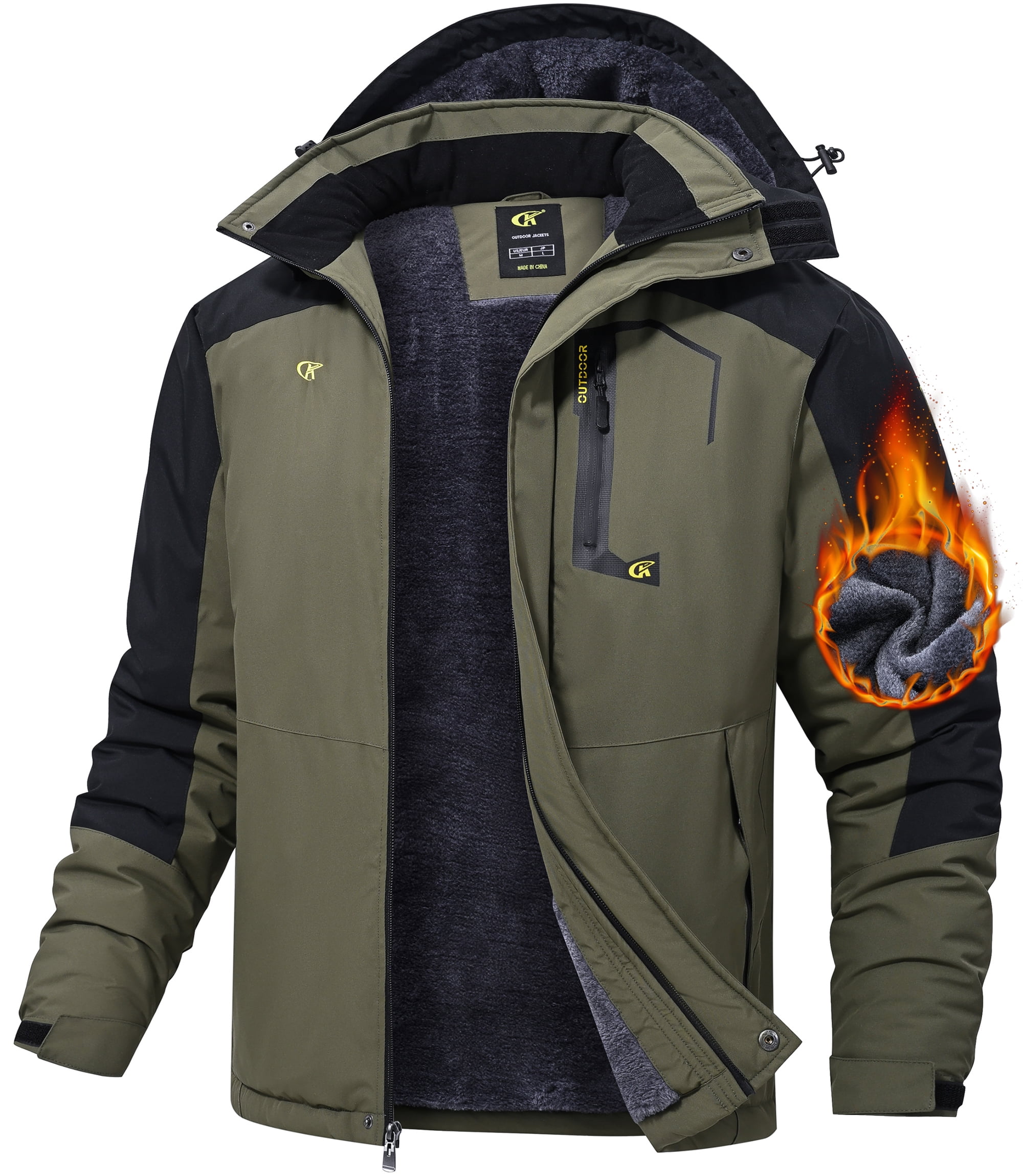 Men's Winter Skiing Jackets Water Resistant Fleece Coats Insulated Thermal Snowboard Jacket Parka Raincoat with Hood Armygreen-Black L