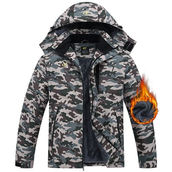 Tyhengta Men's Winter Skiing Jackets Water Resistant Fleece Coats Insulated Thermal Snowboard Jacket Parka Raincoat with Hood Camouflage army green S