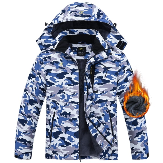 Tyhengta Men's Winter Skiing Jackets Water Resistant Fleece Coats Insulated Thermal Snowboard Jacket Parka Raincoat with Hood Camouflage grey-blue XL