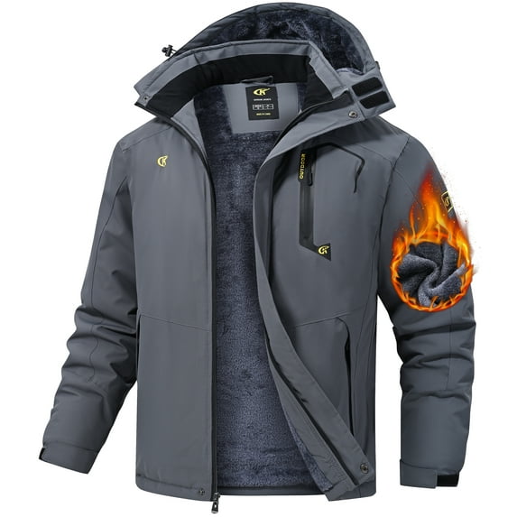 Tyhengta Men's Winter Skiing Jackets Water Resistant Fleece Coats Insulated Thermal Snowboard Jacket Parka Raincoat with Hood Iron-gray M