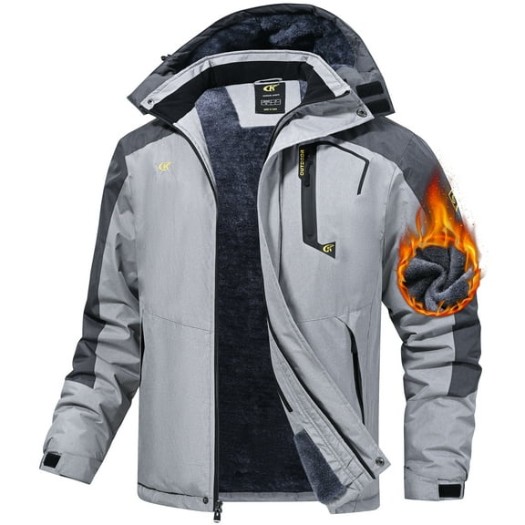 Tyhengta Men's Winter Skiing Jackets Water Resistant Fleece Coats Insulated Thermal Snowboard Jacket Parka Raincoat with Hood Lightgray-Darkgray 2XL