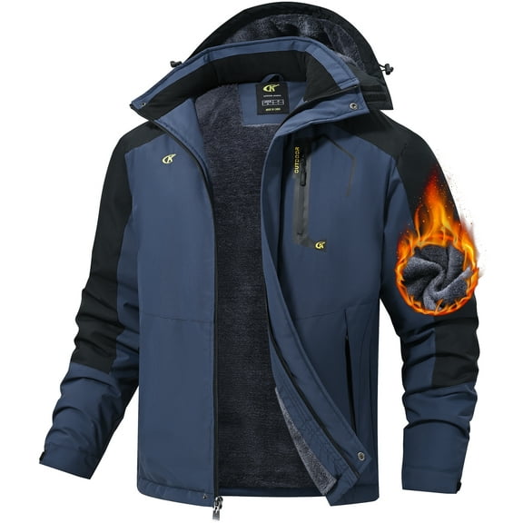 Tyhengta Men's Winter Skiing Jackets Water Resistant Fleece Coats Insulated Thermal Snowboard Jacket Parka Raincoat with Hood Navy-Black L