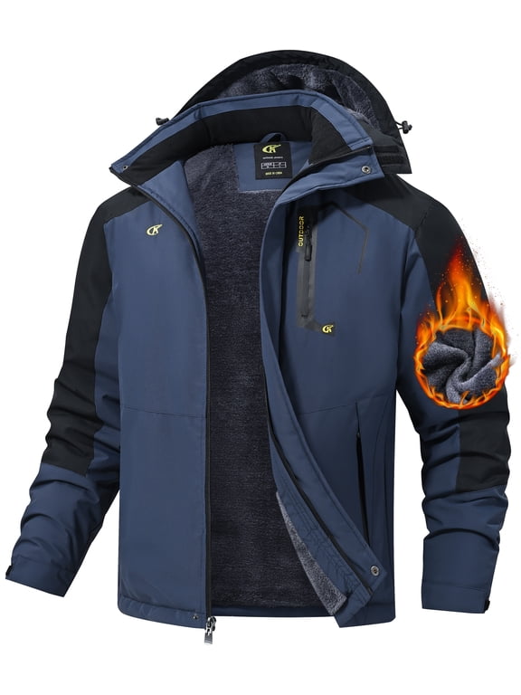 Men's Winter Skiing Jackets Water Resistant Fleece Coats Insulated Thermal Snowboard Jacket Parka Raincoat with Hood Navy-Black L