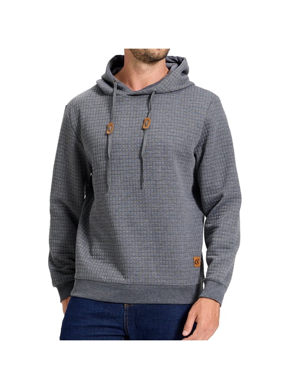 Mens Hooded Sweatshirt Casual Long Sleeve Drawstring Jacquard PlaidCloth Pullover Hoodies Darkgrey L