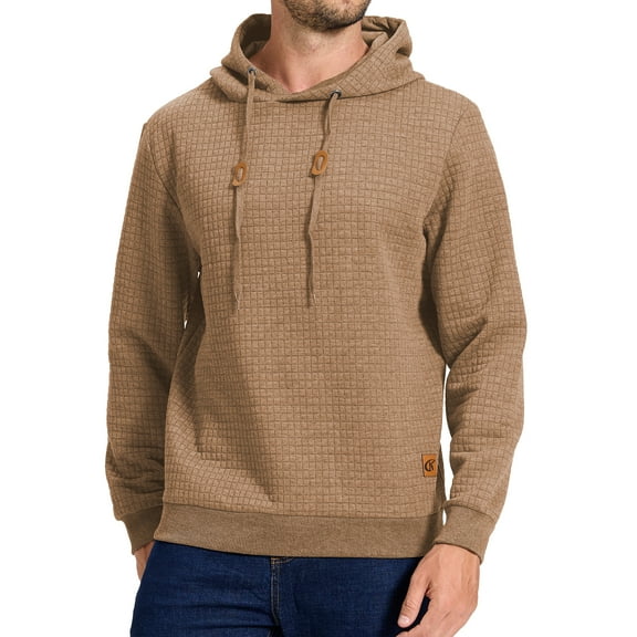 Tyhengta Mens Hooded Sweatshirt Casual Long Sleeve Drawstring Jacquard PlaidCloth Pullover Hoodies Khaki M