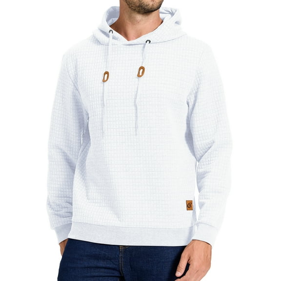 Tyhengta Mens Hooded Sweatshirt Casual Long Sleeve Drawstring Jacquard PlaidCloth Pullover Hoodies White L