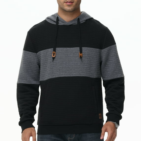 Tyhengta Mens Hooded Sweatshirt With Zipper Pockets Casual Long Sleeve Drawstring Jacquard PlaidCloth Pullover Hoodies Black/Dark Gray L