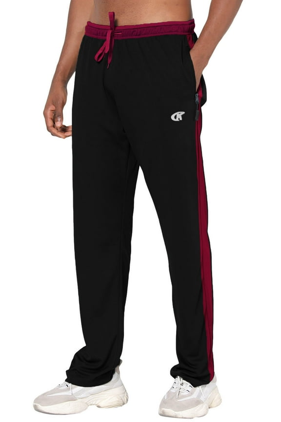 Mens Pants Athletic Open Bottom Running Pants Mesh Mens Sweatpants with Pockets Black/Wine L
